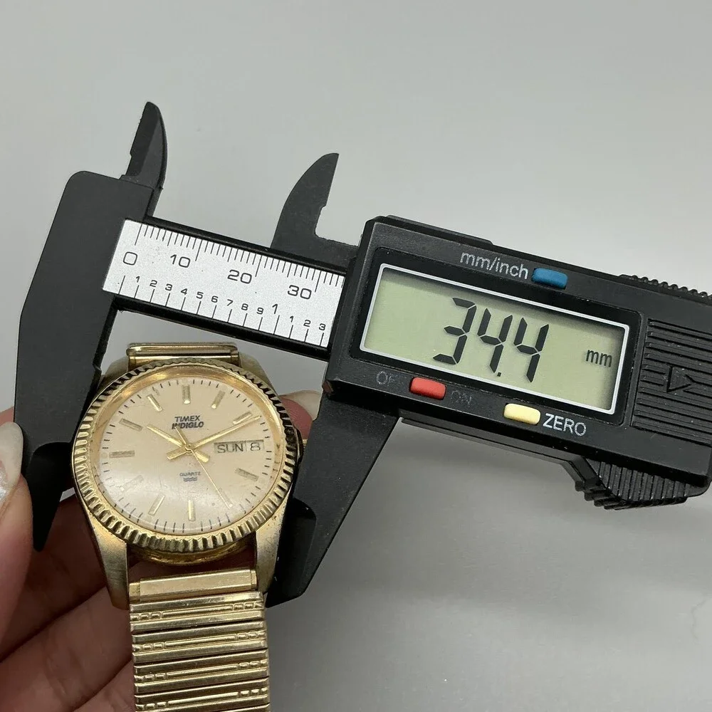 Vintage Timex Indiglo WR 30M Mens Watch 34mm Gold Tone Day Date New Battery